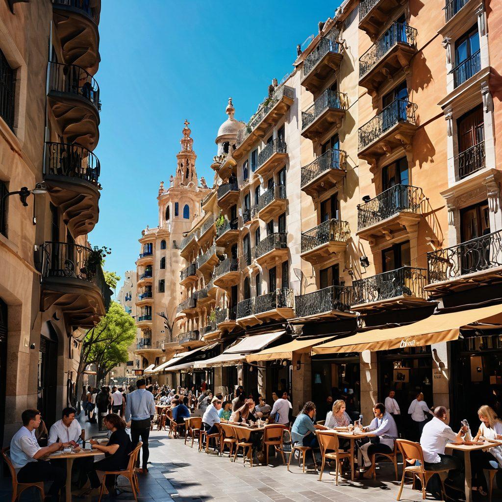 A scenic view of a bustling Spanish city street with diverse professionals enjoying their work, featuring iconic architecture like Gaudí's buildings, a sunny sky, and people discussing in outdoor cafes. Include symbols of various careers, such as a laptop, briefcase, and networking tools. The atmosphere should feel vibrant, inspiring, and full of potential. super-realistic. vibrant colors.