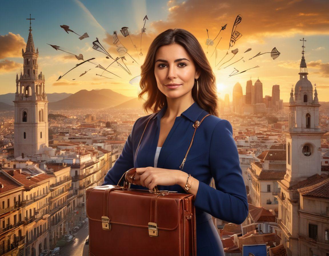 A professional Spanish woman standing confidently in front of a bustling cityscape, holding a briefcase filled with tools representing career and personal growth, surrounded by symbols of advancement like upward arrows, light bulbs, and books. The background features iconic Spanish architecture with the sun setting, radiating optimism and opportunity. super-realistic. vibrant colors. 3D.
