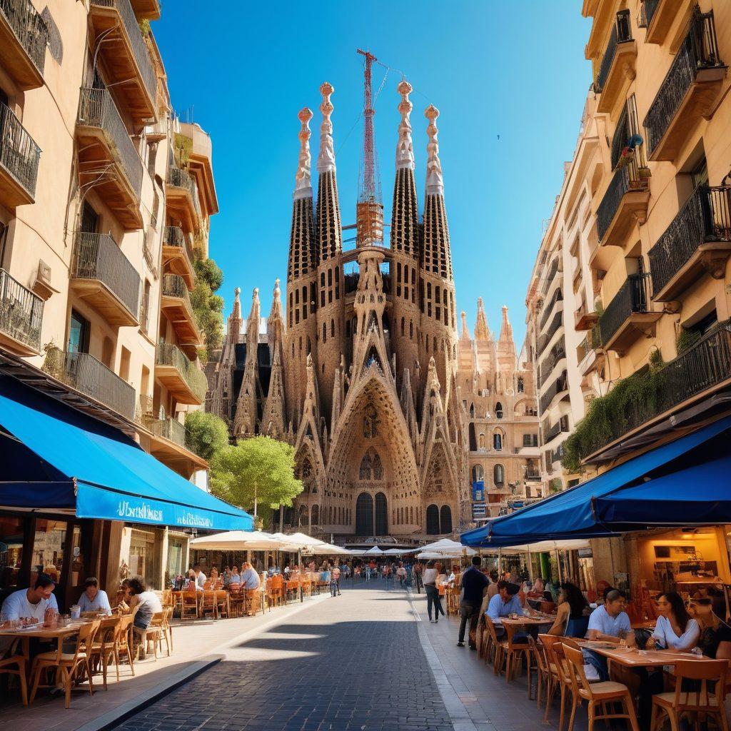 A bustling urban street in Spain, showcasing diverse professionals engaged in their careers, with landmarks like La Sagrada Familia and vibrant outdoor cafes in the background. Integrate elements like a job fair with people exchanging resumes, street signs in Spanish, and a bright blue sky. Capture the essence of career exploration and opportunity in a modern European city. super-realistic. vibrant colors.